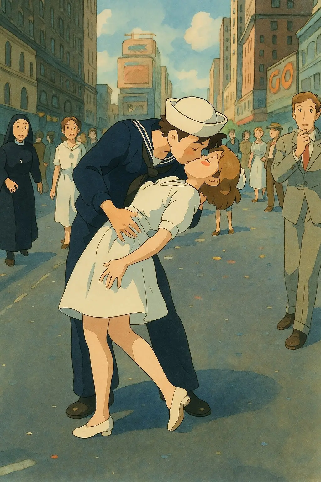 V-J Day in Times Square in Studio Ghibli style